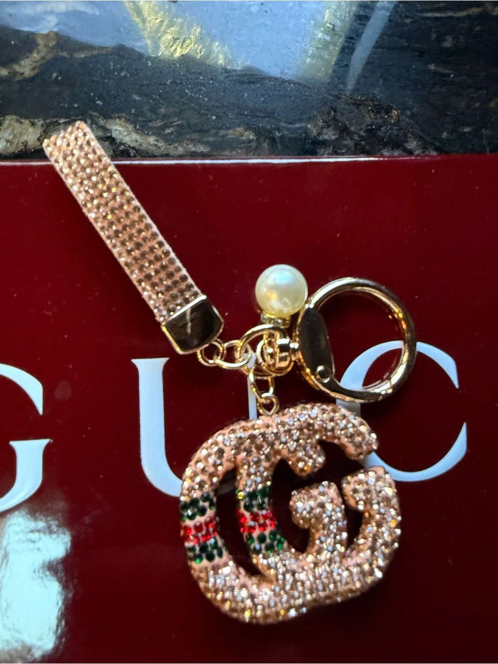Crystal Embellished pearl Rose Gold Double-G  Keychain Charm is so Gucci !